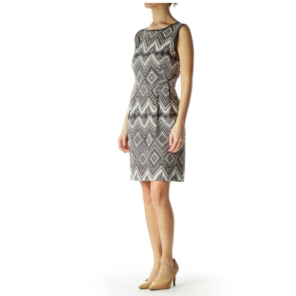 J Crew tribal pattern navy/gray and cream colored midi dress